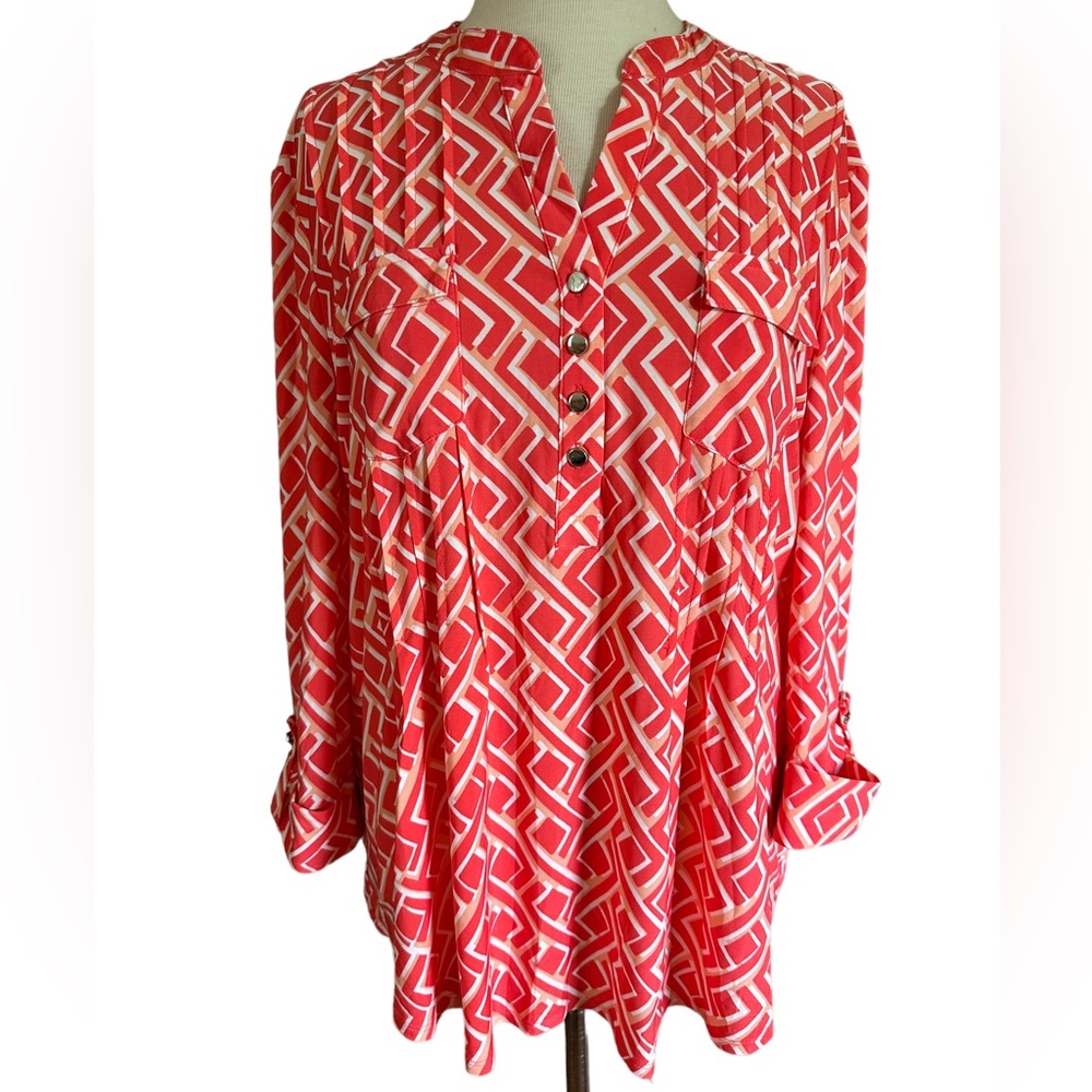 COCOMO XL Coral orange white 3/4 sleeve women’s Pintuck Blouse top shirt - Picture 1 of 15